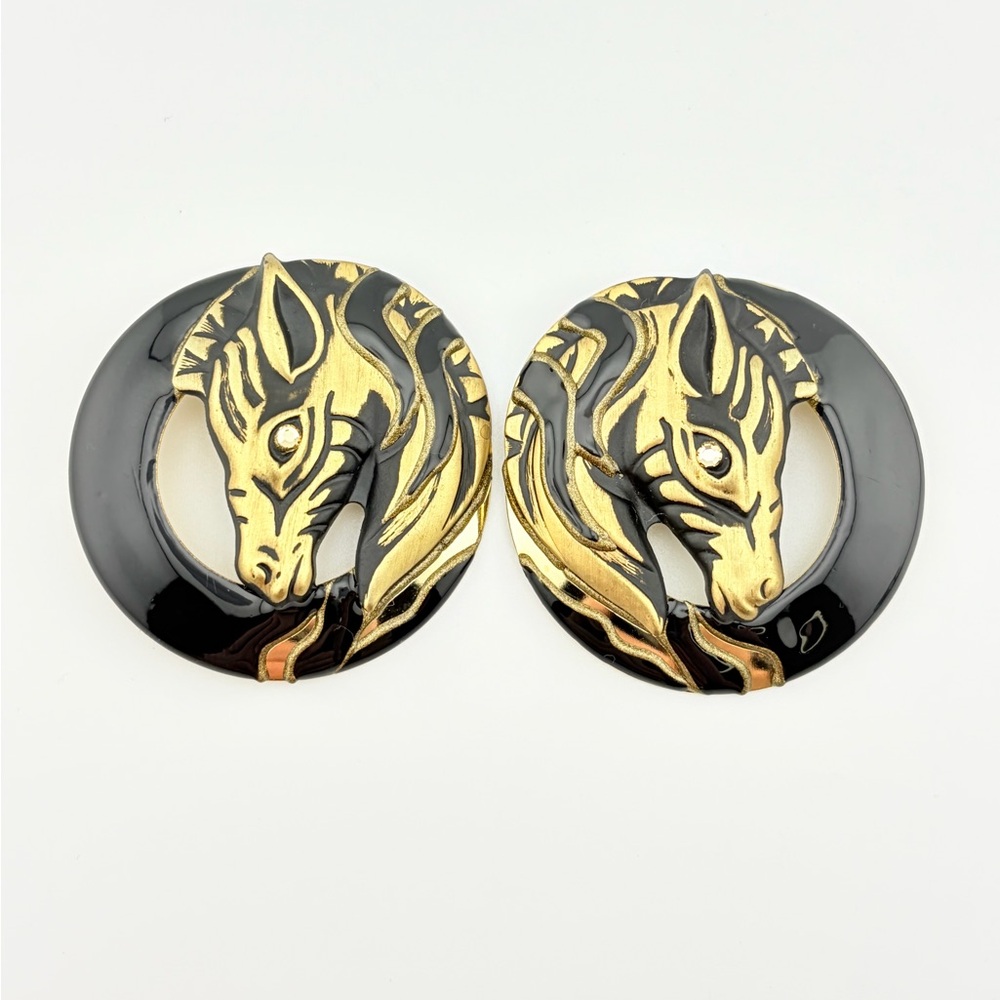 Vintage 80’s Gold/Black Enamel on Gold Metal Zebra Earrings